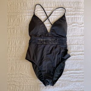 Kenneth Cole braided detail black one piece swimsuit with crisscross back